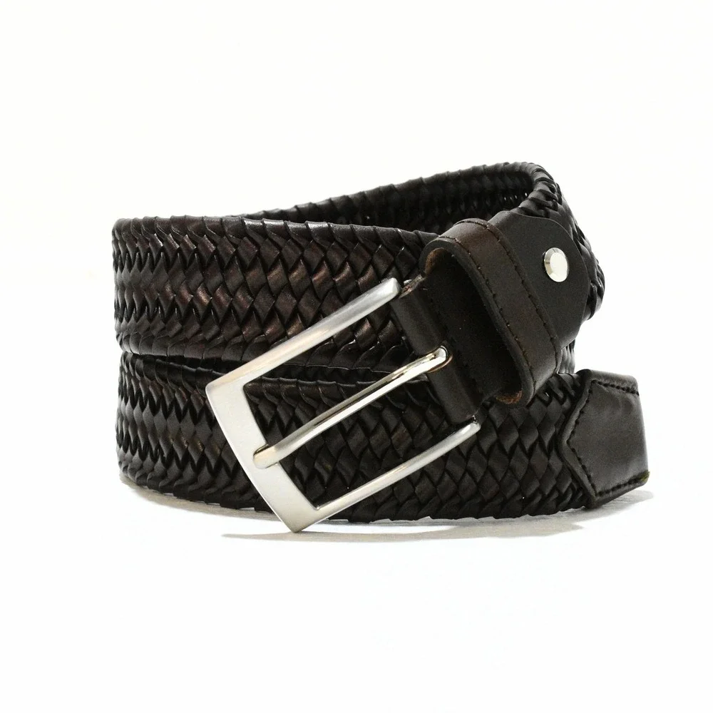 Bronzino Braided Leather Dress Belt Mens Size 32 Silver Buckle Brown Herringbone